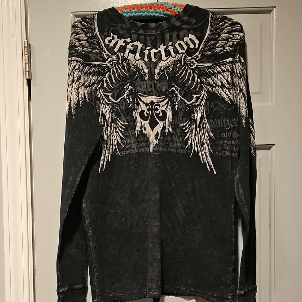 Affliction Birds Prey Shirt Grung Black Wing Gothic Long Large VINTAGE Rare Y2k